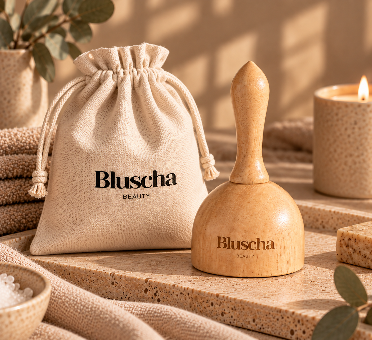 Bluscha houten massagecup wellness setting