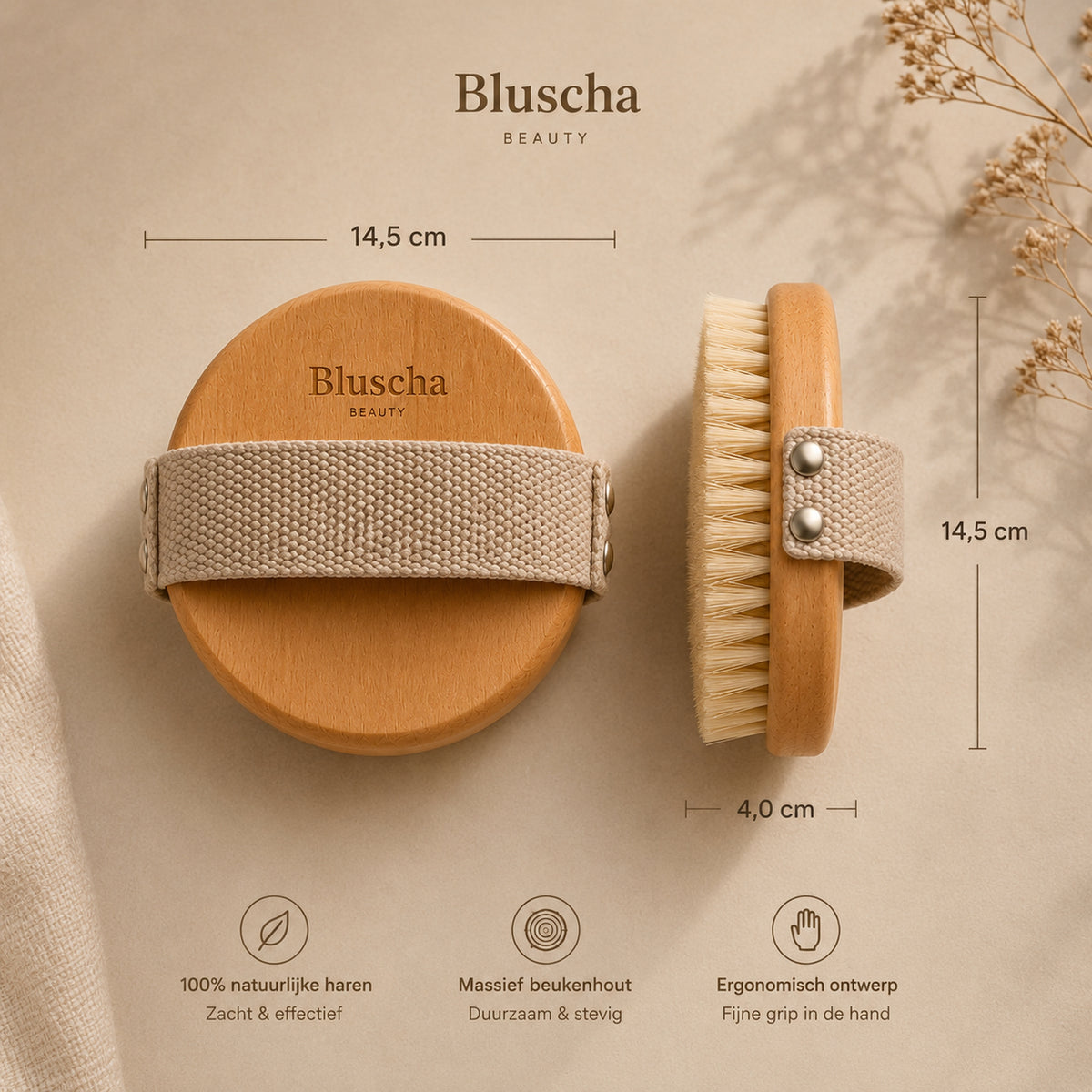 Afmetingen Bluscha ronde droogborstel 14,5 cm en 4,0 cm dikte