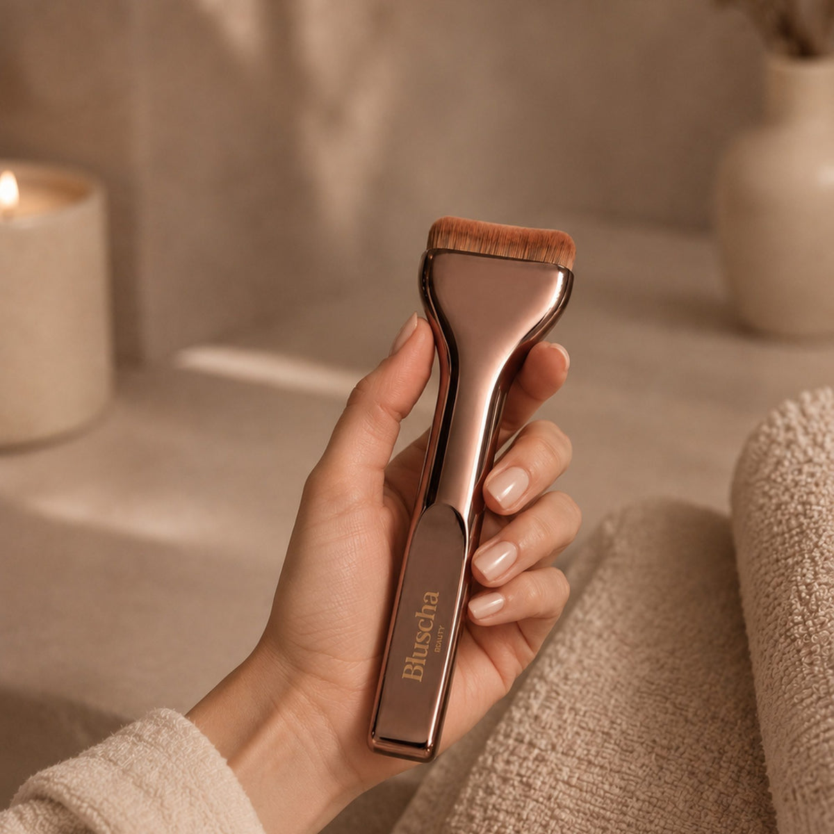Bluscha Flat Foundation Brush brons in de hand