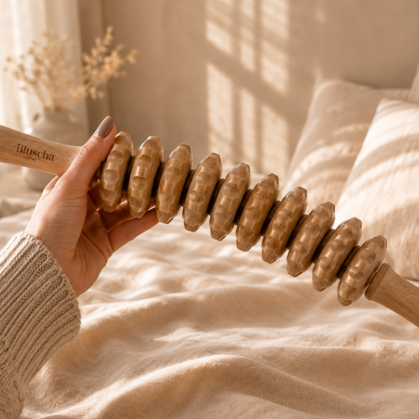 Bluscha® Premium Gebogen Houten Massage Roller in de hand