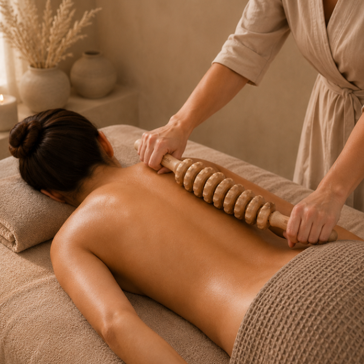 Bluscha® Premium Gebogen Houten Massage Roller op de rug