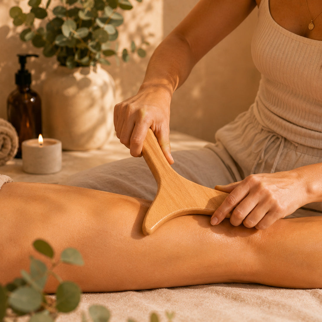 Bluscha houten gua sha massagetool in gebruik