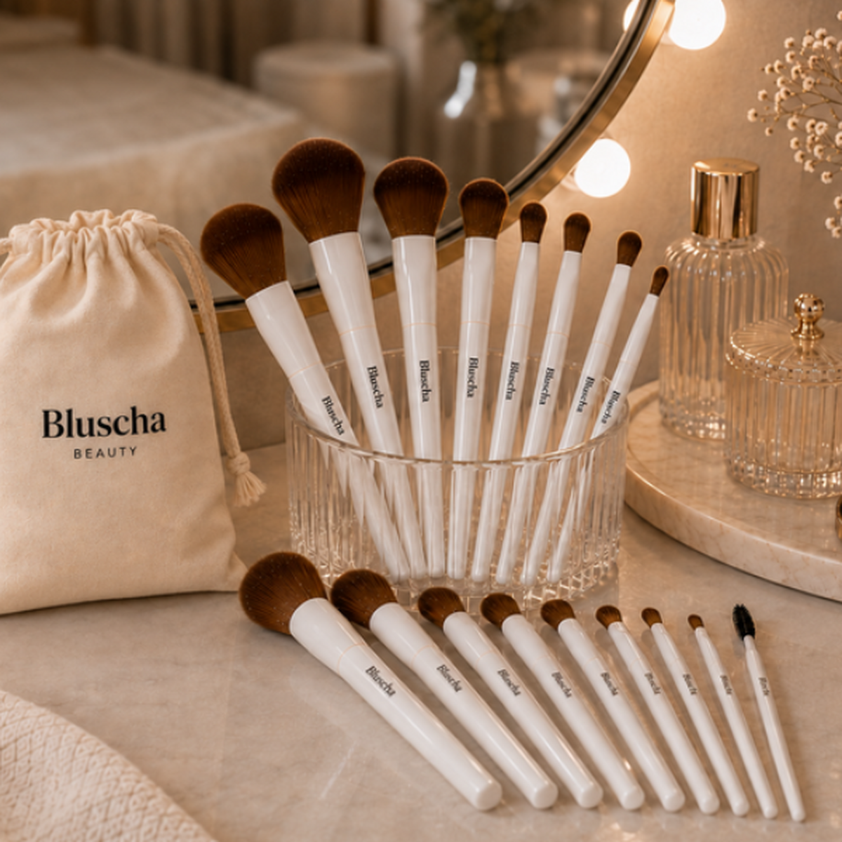 Bluscha® Luxe Make-Up Kwasten Set op kaptafel