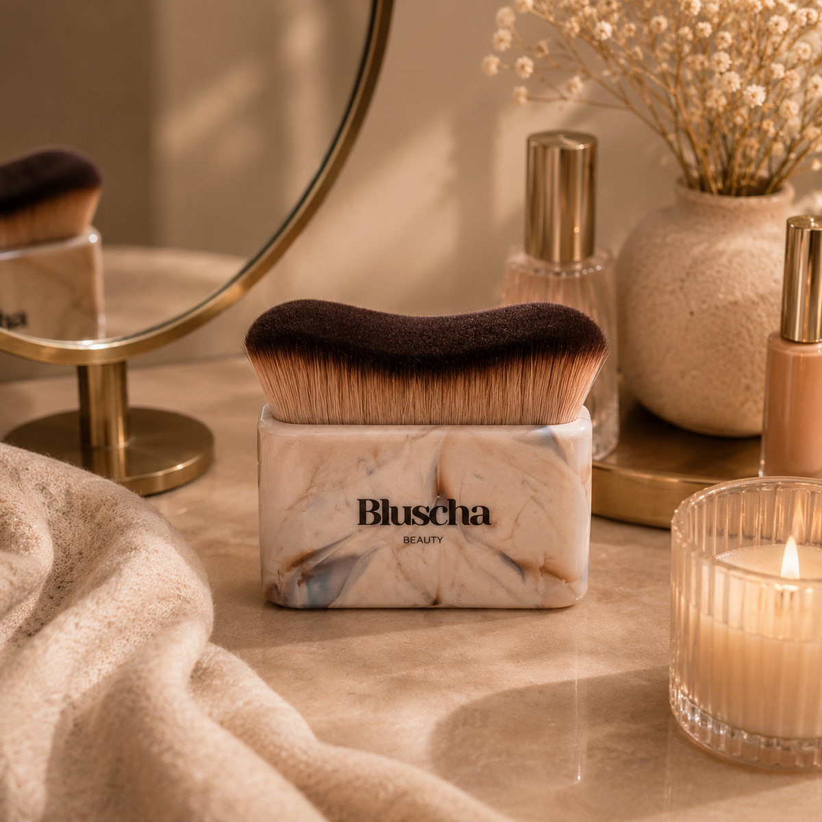 Bluscha marmer tanning brush met verpakking en opbergzakje