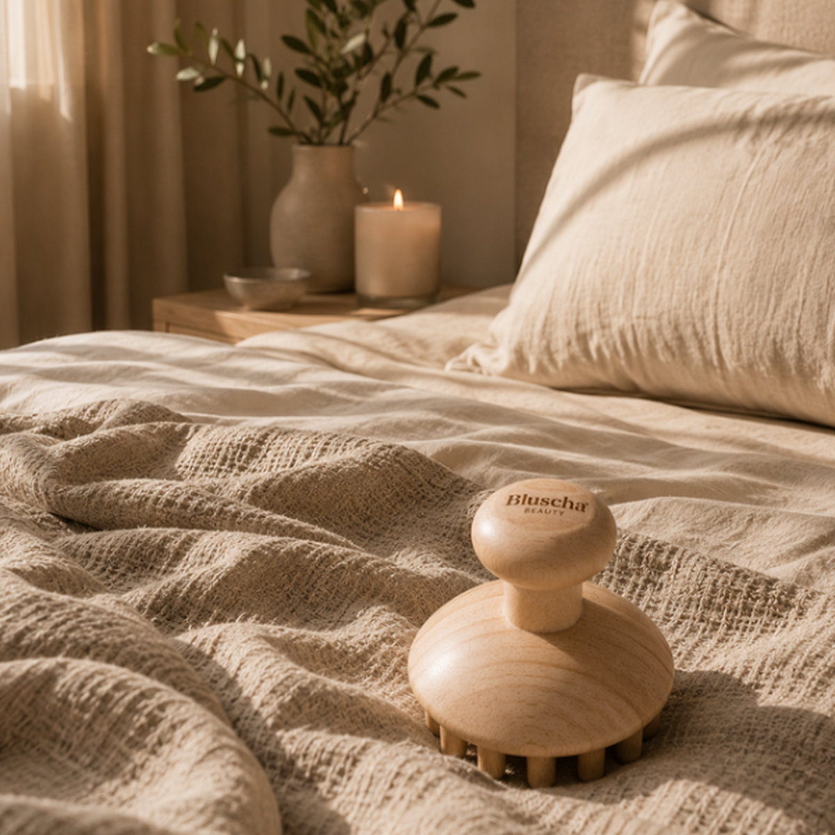 Bluscha® Premium Houten Massage Tool lifestyle op bed