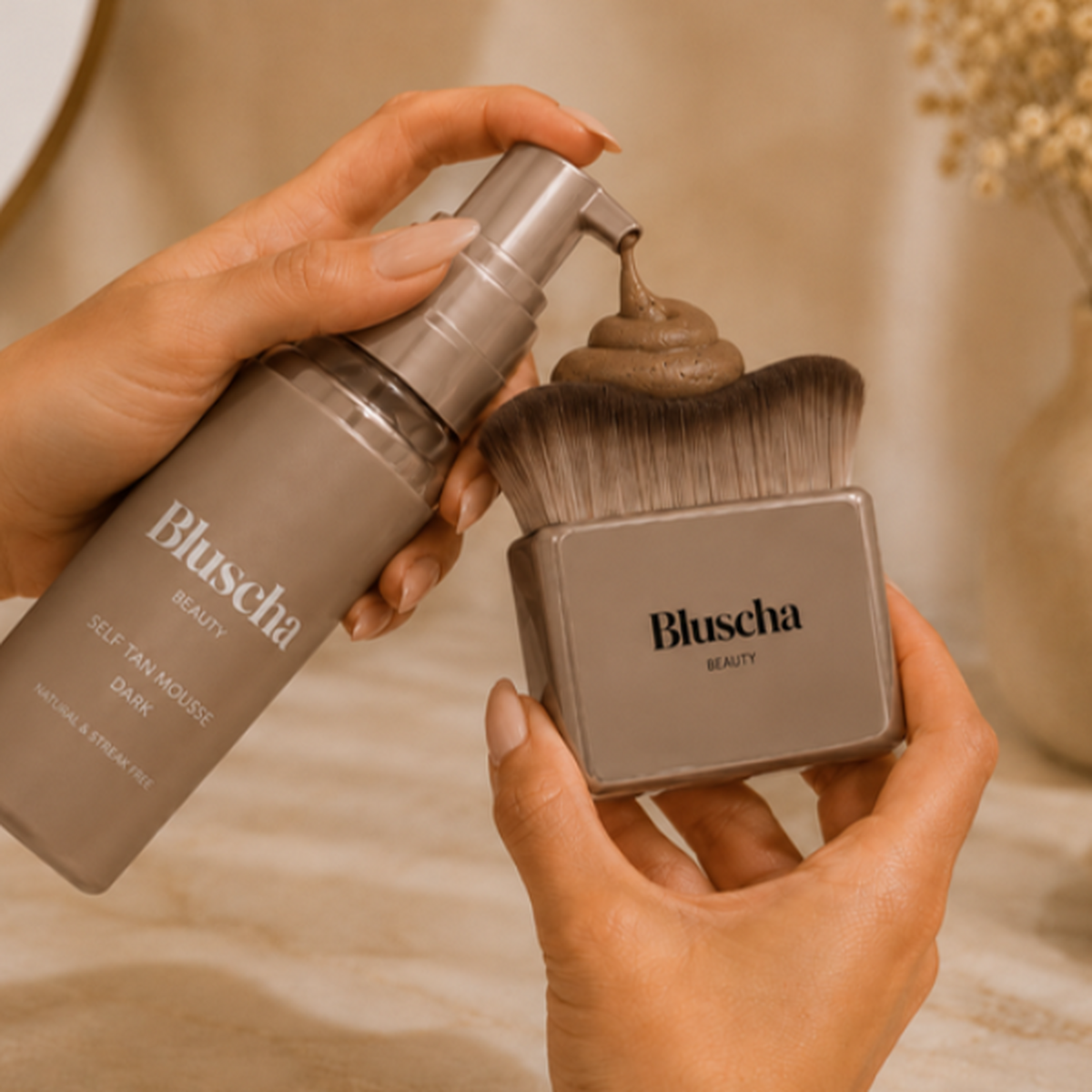 Bluscha® Luxe Tanning Brush Taupe lifestyle met fles