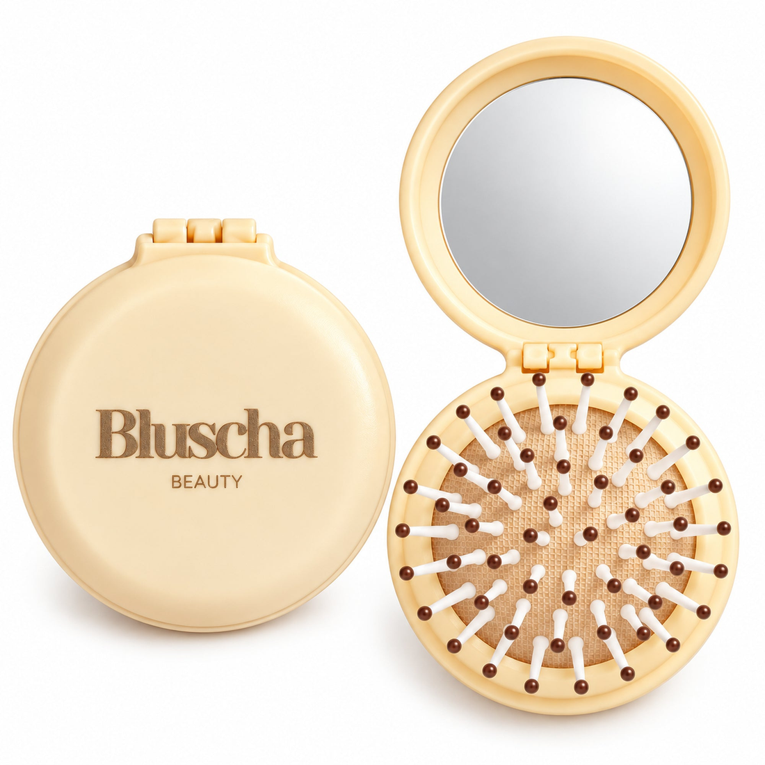 Bluscha mini haarborstel met spiegel op beige linnen