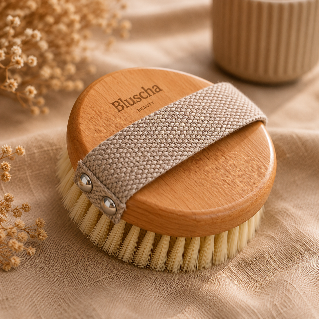 Bluscha® - Dry Brush - Droogborstel - Rond Beige - Anti Cellulitis - 100% Natuurlijk - Dry Brushing - Lichaamsborstel - 0% Plastic -