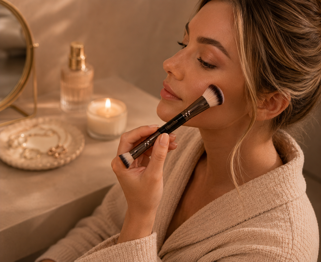 Bluscha® Duo Sculpt Brush - 2-in-1 Dubbelzijdige Make-up Kwast - Foundation Brush - Contour Brush - Blush & Bronzer Kwast - Concealer Brush - Makeup Brush - Met Opbergzakje