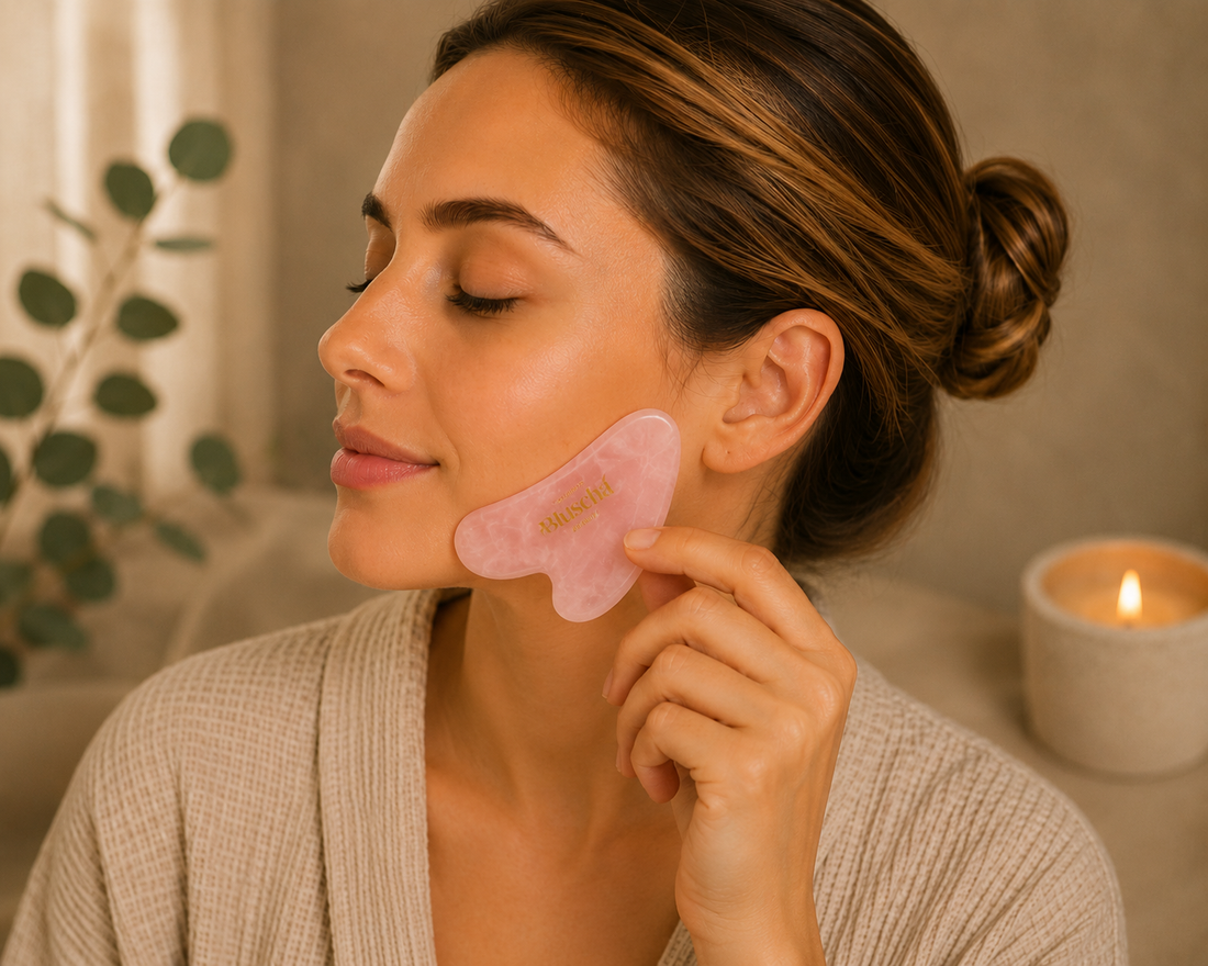 Bluscha® Face Gua Sha – Natuurlijke Rozenkwarts Gezichtsmassager inclusief Luxe Opbergetui